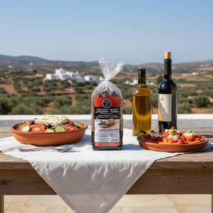 Kretische Zwieback-Häppchen mit Johannisbrotsirup, Hafer und Leinsamen – traditionelle Snacks aus Kreta
