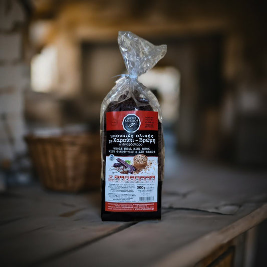 Kretische Zwieback-Häppchen mit Johannisbrotsirup, Hafer und Leinsamen – traditionelle Snacks aus Kreta