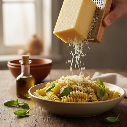 Kefalotiri über Pasta gerieben