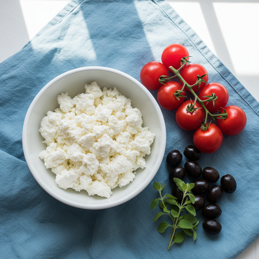 Xinomizithra Flatlay mit Tomaten und Oliven