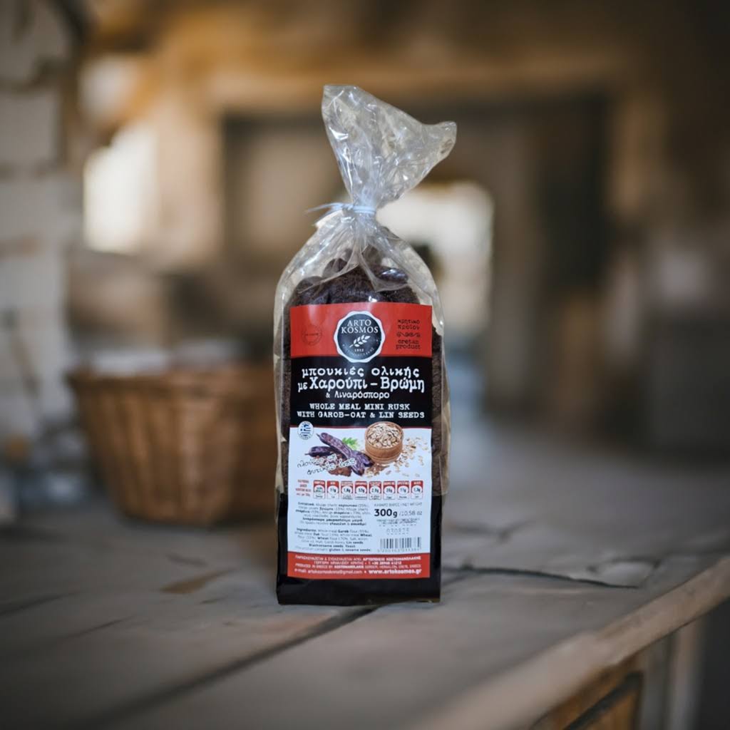 Kretische Zwieback-Häppchen mit Johannisbrotsirup, Hafer und Leinsamen – traditionelle Snacks aus Kreta