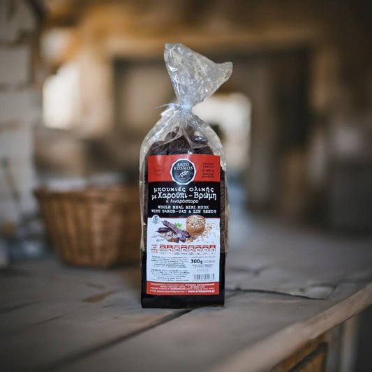 Kretische Zwieback-Häppchen mit Johannisbrotsirup, Hafer und Leinsamen – traditionelle Snacks aus Kreta